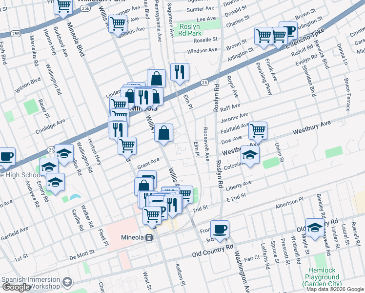 map of restaurants, bars, coffee shops, grocery stores, and more near 120 Clinton Avenue in Mineola