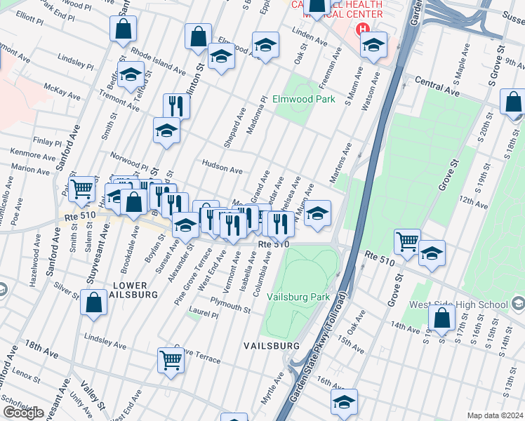 map of restaurants, bars, coffee shops, grocery stores, and more near 45 Cedar Avenue in Newark