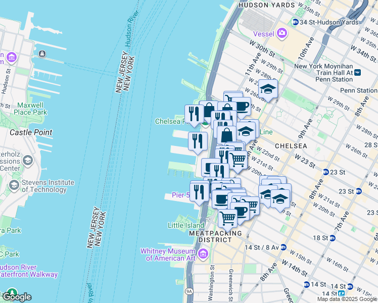 map of restaurants, bars, coffee shops, grocery stores, and more near 60 Chelsea Piers in New York