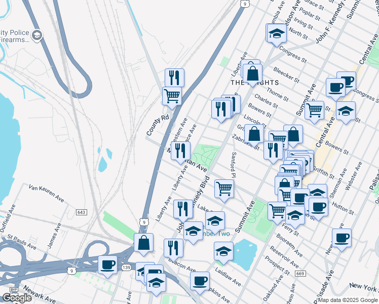 map of restaurants, bars, coffee shops, grocery stores, and more near 271 Liberty Avenue in Jersey City