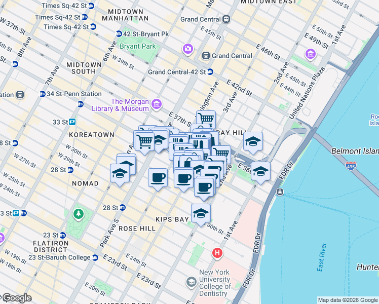 map of restaurants, bars, coffee shops, grocery stores, and more near 152 East 35th Street in New York