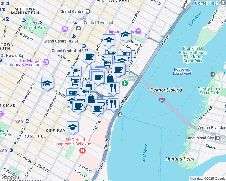 map of restaurants, bars, coffee shops, grocery stores, and more near 333 East 38th Street in New York