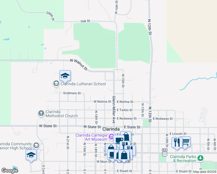 map of restaurants, bars, coffee shops, grocery stores, and more near 900-904 North Glenn Miller Avenue in Clarinda