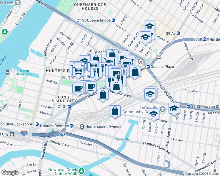 map of restaurants, bars, coffee shops, grocery stores, and more near 25-26 New York 25A in Queens