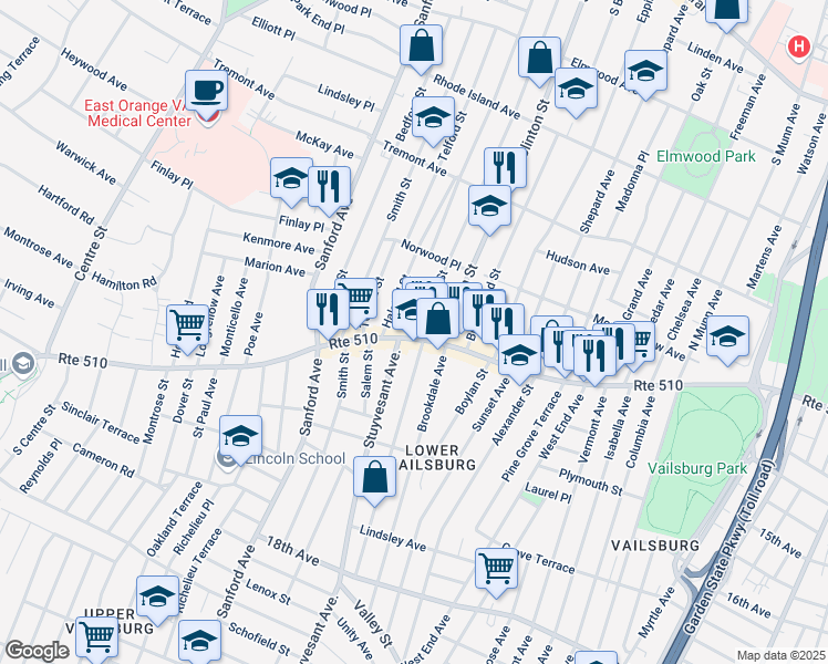 map of restaurants, bars, coffee shops, grocery stores, and more near in East Orange