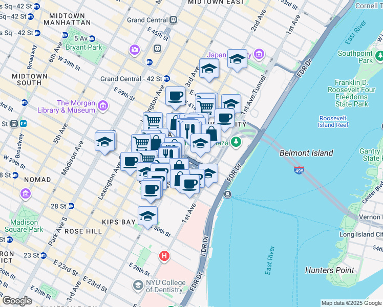 map of restaurants, bars, coffee shops, grocery stores, and more near 305 East 37th Street in New York