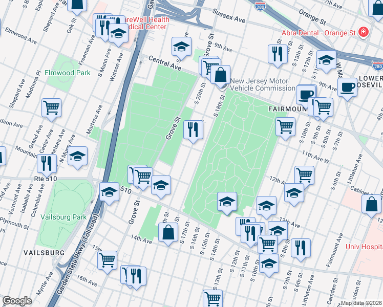 map of restaurants, bars, coffee shops, grocery stores, and more near 316 South 19th Street in Newark