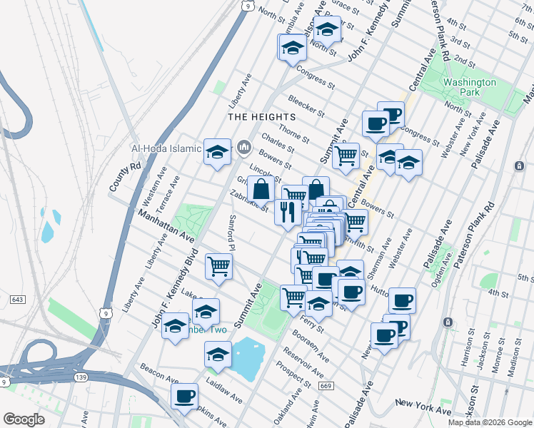 map of restaurants, bars, coffee shops, grocery stores, and more near in Hudson County