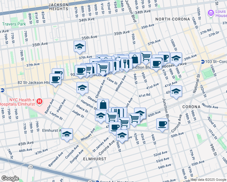 map of restaurants, bars, coffee shops, grocery stores, and more near 40-94 Denman Street in Queens