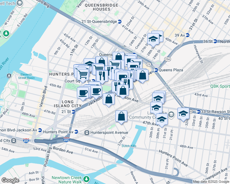 map of restaurants, bars, coffee shops, grocery stores, and more near 25-26 New York 25A in Queens