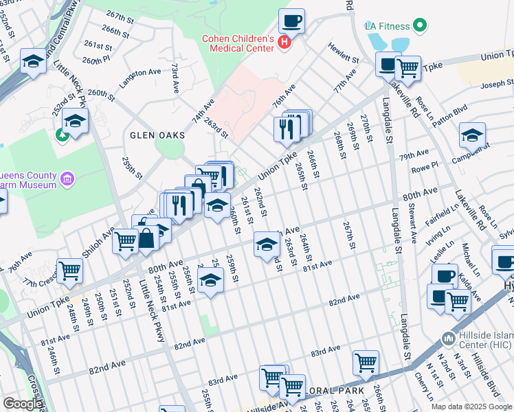 map of restaurants, bars, coffee shops, grocery stores, and more near 79-32 262nd Street in Queens
