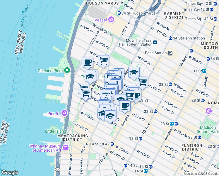 map of restaurants, bars, coffee shops, grocery stores, and more near 414 West 22nd Street in New York