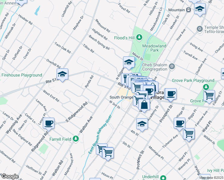 map of restaurants, bars, coffee shops, grocery stores, and more near 24 South Ridgewood Road in South Orange