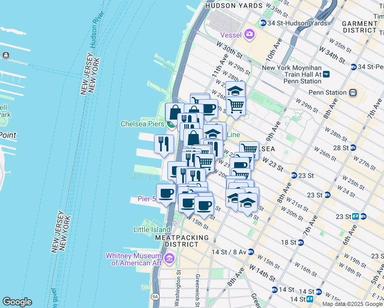 map of restaurants, bars, coffee shops, grocery stores, and more near 521 West 19th Street in New York
