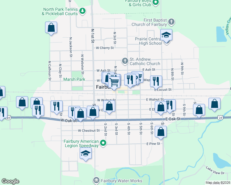 map of restaurants, bars, coffee shops, grocery stores, and more near 120 S 3rd St in Fairbury
