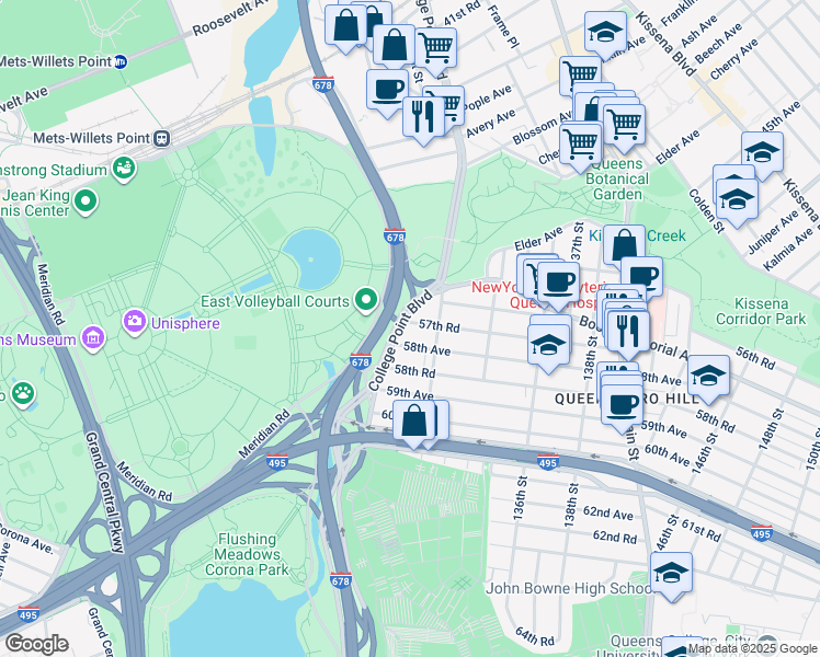 map of restaurants, bars, coffee shops, grocery stores, and more near 130-08 57th Road in Queens