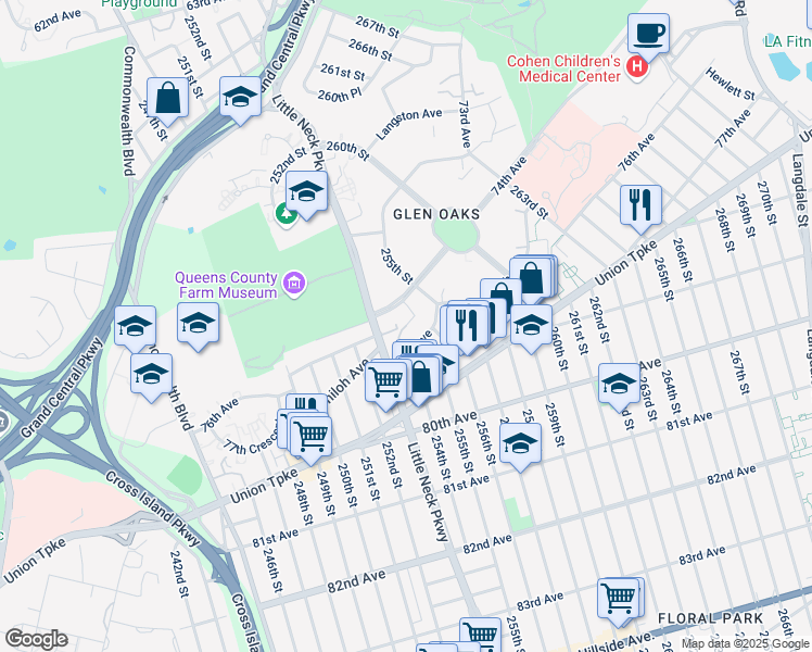 map of restaurants, bars, coffee shops, grocery stores, and more near 254-11 75th Avenue in Queens