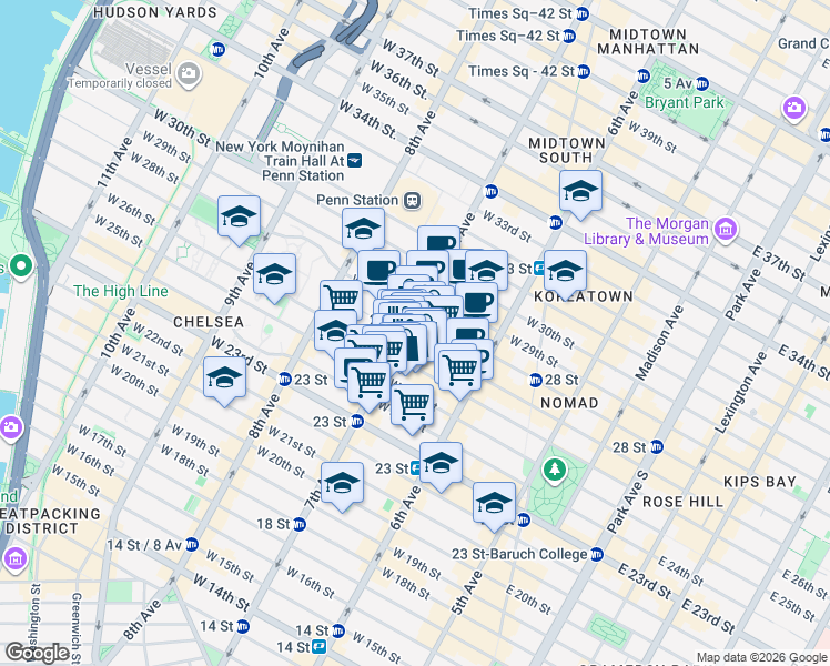 map of restaurants, bars, coffee shops, grocery stores, and more near 165-167 West 26th Street in New York