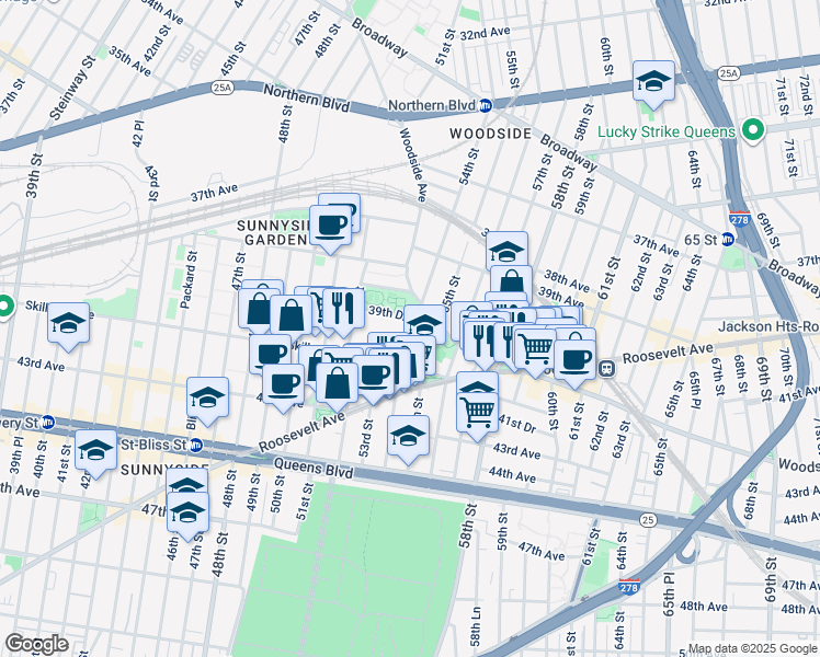 map of restaurants, bars, coffee shops, grocery stores, and more near 39-60 54th Street in Queens