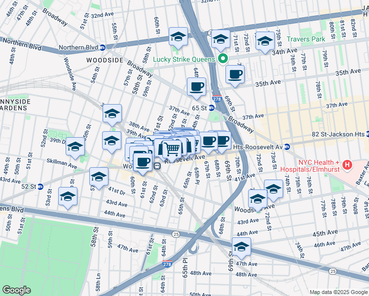 map of restaurants, bars, coffee shops, grocery stores, and more near 6319 Roosevelt Avenue in Queens