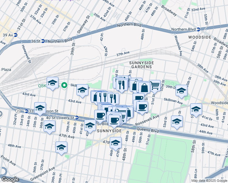 map of restaurants, bars, coffee shops, grocery stores, and more near 41-15 45th Street in Queens