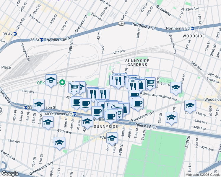 map of restaurants, bars, coffee shops, grocery stores, and more near 4120 46th Street in Queens