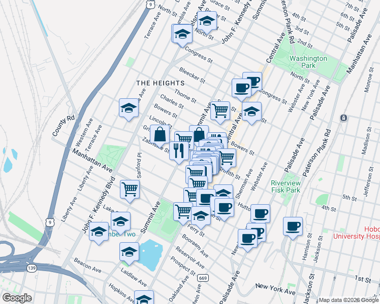map of restaurants, bars, coffee shops, grocery stores, and more near 47 Zabriskie Street in Jersey City