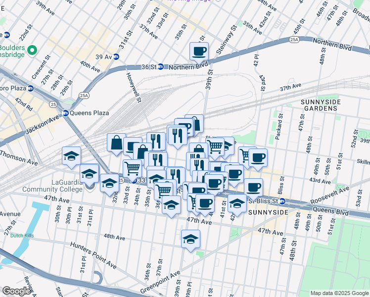 map of restaurants, bars, coffee shops, grocery stores, and more near 41-43 37th Street in Queens