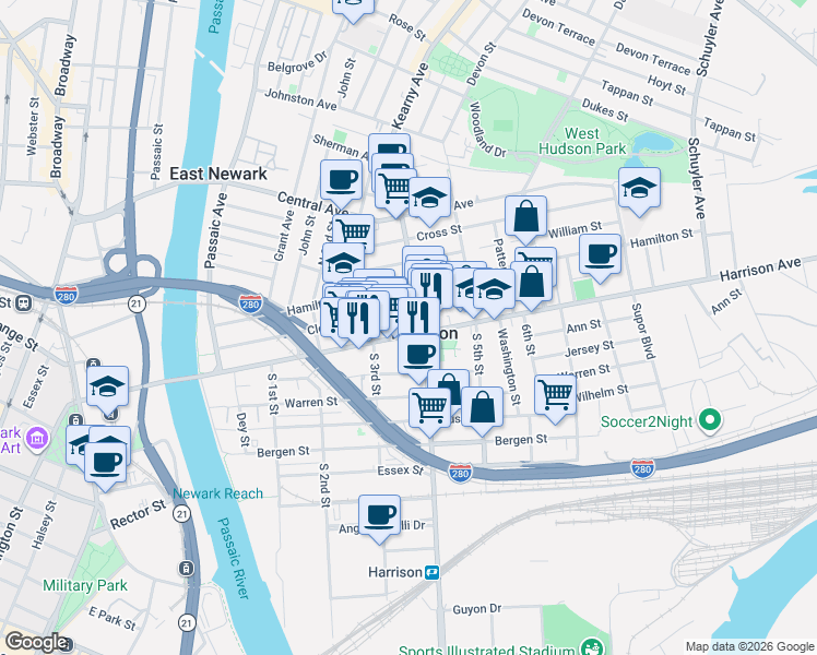 map of restaurants, bars, coffee shops, grocery stores, and more near 318 Harrison Avenue in Harrison