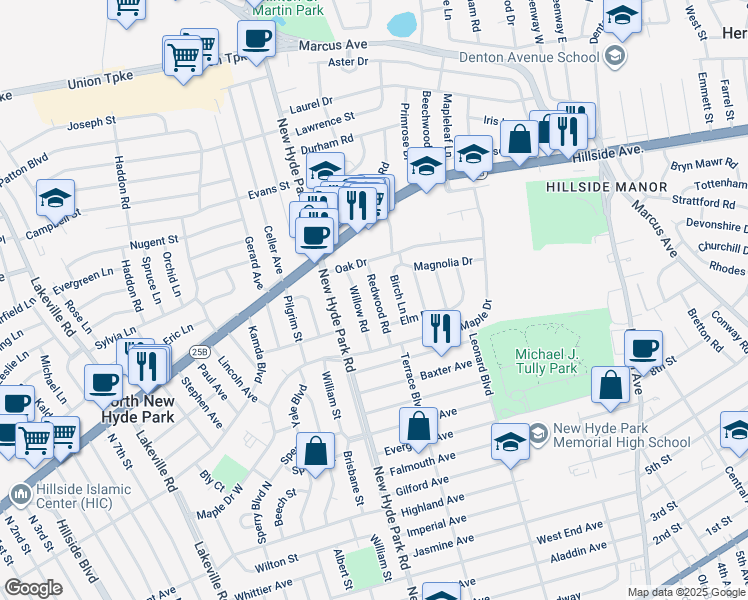 map of restaurants, bars, coffee shops, grocery stores, and more near 19 Redwood Road in New Hyde Park