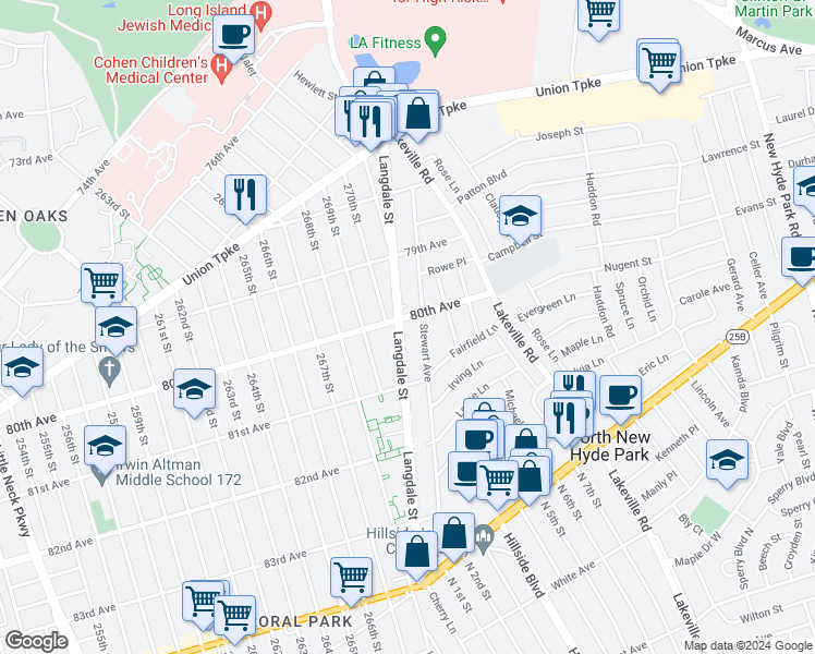 map of restaurants, bars, coffee shops, grocery stores, and more near 80-07 Langdale Street in Queens