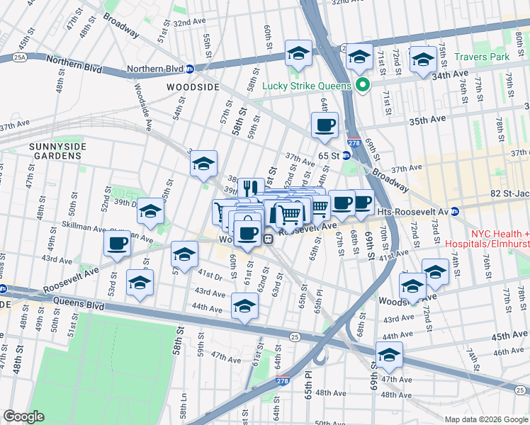 map of restaurants, bars, coffee shops, grocery stores, and more near 39-11 61st Street in Queens