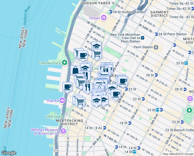 map of restaurants, bars, coffee shops, grocery stores, and more near 445 West 21st Street in New York