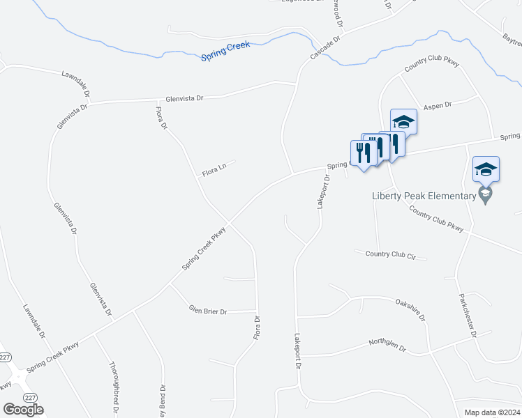 map of restaurants, bars, coffee shops, grocery stores, and more near 172 Spring Creek Parkway in Spring Creek