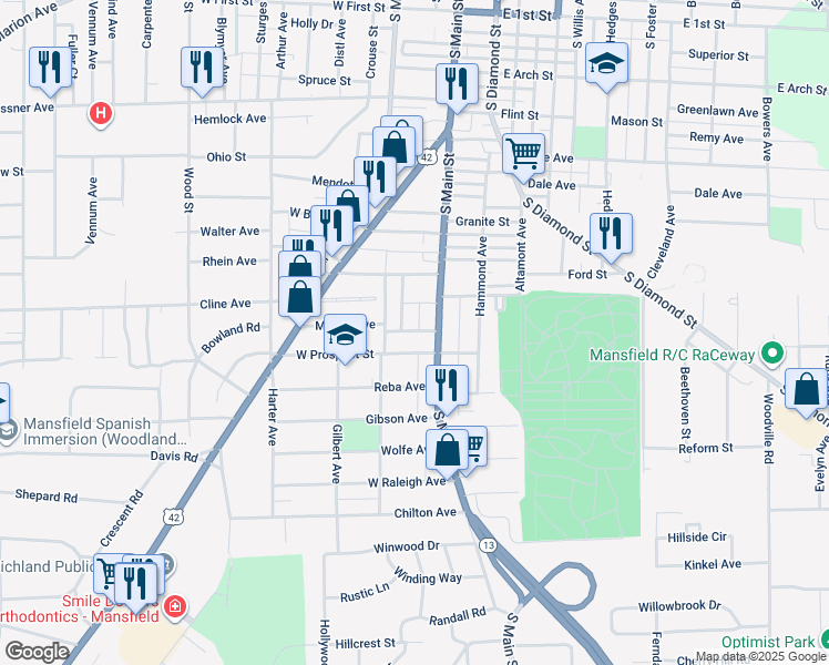 map of restaurants, bars, coffee shops, grocery stores, and more near 21 Lamberton Avenue in Mansfield