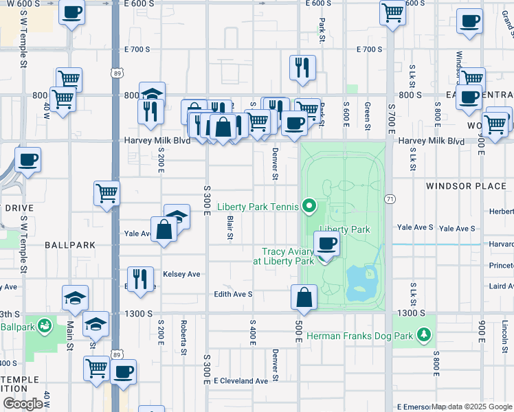 map of restaurants, bars, coffee shops, grocery stores, and more near 1059 South 400 East in Salt Lake City