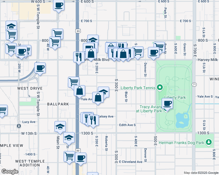 map of restaurants, bars, coffee shops, grocery stores, and more near 256 Herbert Avenue South in Salt Lake City