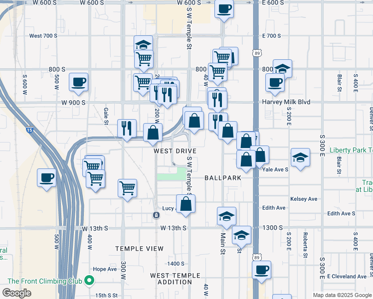 map of restaurants, bars, coffee shops, grocery stores, and more near 1058 South West Temple in Salt Lake City
