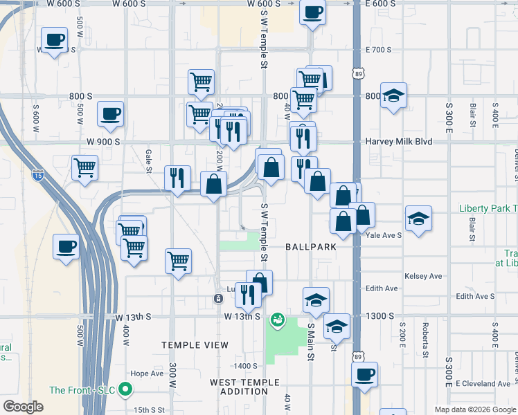 map of restaurants, bars, coffee shops, grocery stores, and more near 1058 South West Temple Street in Salt Lake City