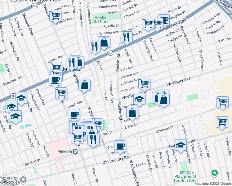map of restaurants, bars, coffee shops, grocery stores, and more near 61 Clinton Avenue in Mineola