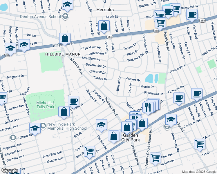 map of restaurants, bars, coffee shops, grocery stores, and more near 166 Marcus Avenue in Garden City Park