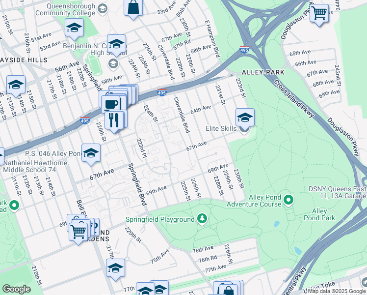 map of restaurants, bars, coffee shops, grocery stores, and more near 224-18 67th Avenue in Queens