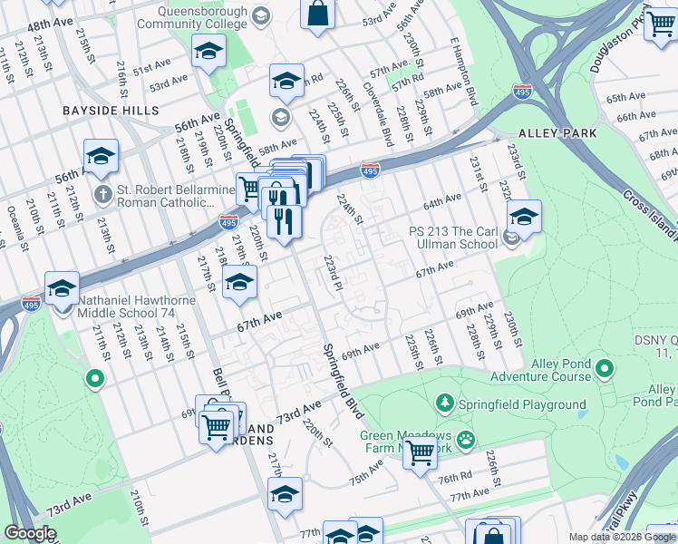 map of restaurants, bars, coffee shops, grocery stores, and more near 65-41 223rd Place in Queens