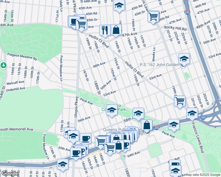 map of restaurants, bars, coffee shops, grocery stores, and more near 53-03 189th Street in Queens