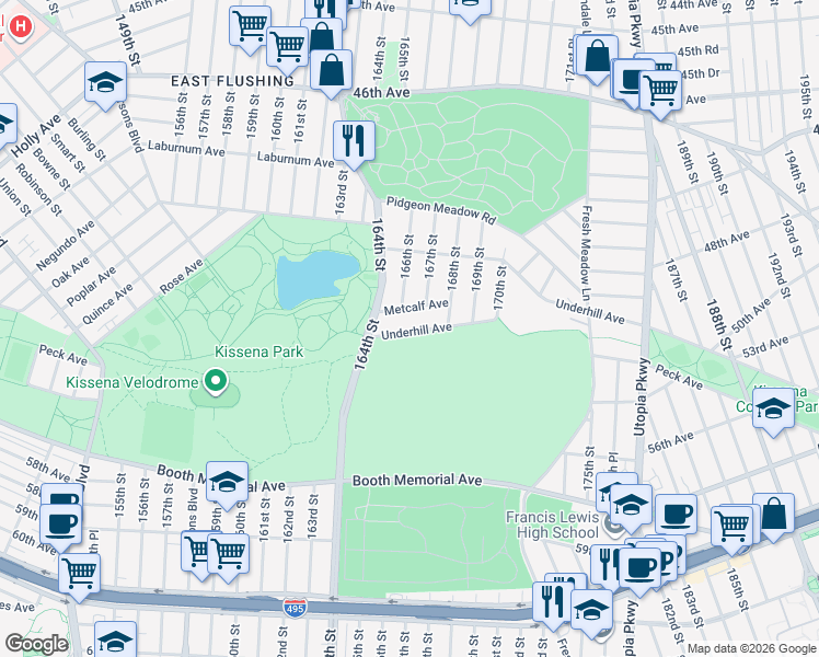 map of restaurants, bars, coffee shops, grocery stores, and more near 43 Underhill Avenue in Queens