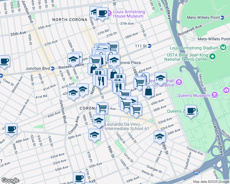 map of restaurants, bars, coffee shops, grocery stores, and more near 46-10 104th Street in Queens