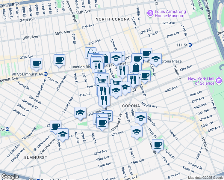 map of restaurants, bars, coffee shops, grocery stores, and more near 96-17 43rd Avenue in Queens