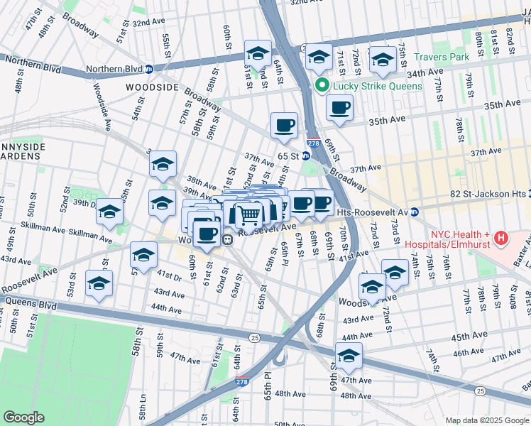 map of restaurants, bars, coffee shops, grocery stores, and more near 6319 Roosevelt Avenue in Queens