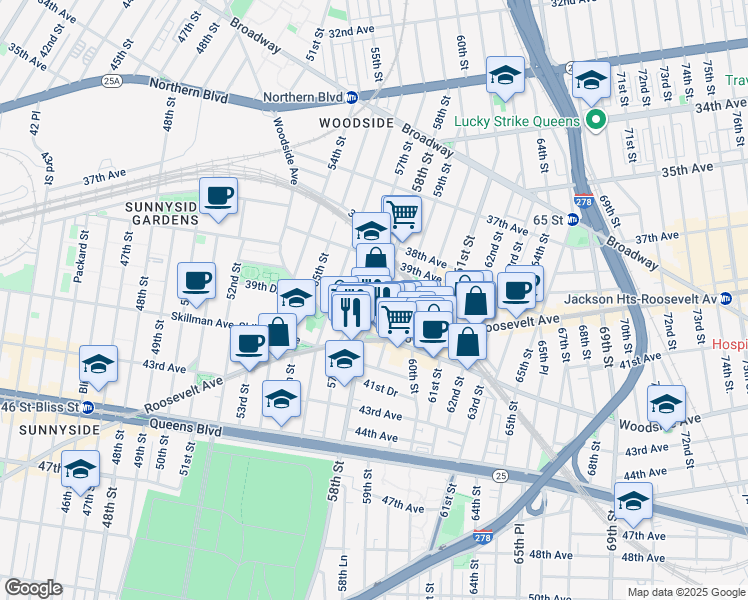 map of restaurants, bars, coffee shops, grocery stores, and more near 58-14 Roosevelt Avenue in Queens