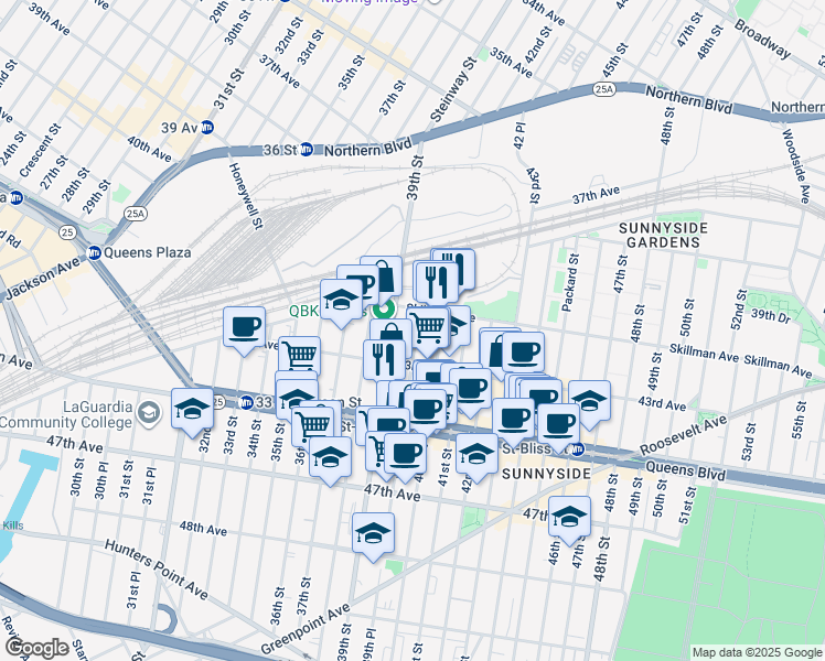 map of restaurants, bars, coffee shops, grocery stores, and more near in Queens